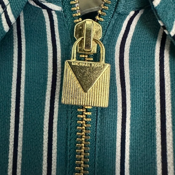 Michael Kors zip Front Green White Nautical Stripe Blouse Small M Gold Buttons - Picture 3 of 6